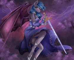 Size: 1300x1050 | Tagged: safe, artist:alicesmitt31, oc, oc only, oc:moon bloom, bat pony, anthro, unguligrade anthro, anthro oc, bat pony oc, bat wings, blue hair, blue mane, clothes, cloud, commission, digital art, dress, female, hoof shoes, looking sideways, mare, signature, sky, solo, sword, thunder, weapon, ych result