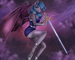 Size: 1280x1034 | Tagged: safe, alternate version, artist:alicesmitt31, oc, oc only, oc:moon bloom, bat pony, anthro, unguligrade anthro, anthro oc, bat pony oc, bat wings, blue hair, blue mane, clothes, cloud, commission, digital art, female, hoof shoes, looking sideways, mare, no tail, signature, sky, solo, sword, thunder, weapon, ych result