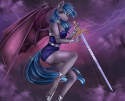 Size: 1280x1034 | Tagged: safe, alternate version, artist:alicesmitt31, oc, oc only, oc:moon bloom, bat pony, anthro, unguligrade anthro, anthro oc, bat pony oc, bat wings, blue hair, blue mane, clothes, cloud, commission, digital art, female, hoof shoes, looking sideways, mare, signature, sky, solo, sword, thunder, weapon, ych result