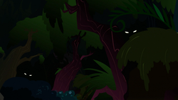 Size: 1280x720 | Tagged: safe, screencap, g4, spike at your service, everfree forest, eyes in the dark, foliage, forest, slit pupils