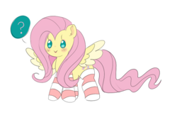 Size: 688x447 | Tagged: safe, artist:bubbled-tea-dreams, fluttershy, pegasus, pony, g4, blushing, chibi, clothes, cute, female, hnnng, question mark, shyabetes, simple background, socks, solo, striped socks, transparent background