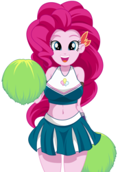 Size: 1107x1607 | Tagged: safe, artist:rosemile mulberry, pinkie pie, human, equestria girls, g4, belly button, breasts, busty pinkie pie, cheerleader, cheerleader pinkie, clothes, cute, diapinkes, female, happy, looking at you, midriff, miniskirt, pleated skirt, pom pom, simple background, skirt, smiling, solo, sports bra, white background