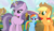 Size: 1142x653 | Tagged: safe, artist:razorbladetheunicron, amethyst star, applejack, rainbow dash, sparkler, earth pony, pegasus, pony, unicorn, lateverse, g4, alternate hairstyle, alternate universe, base used, braided pigtails, cowboy hat, cutie mark, discorded, group, hat, magic, ponyville, stetson, worried