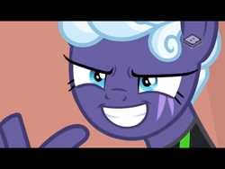Size: 2048x1536 | Tagged: safe, screencap, rolling thunder, pegasus, pony, season 8, the washouts (episode), australia, black bars, boomerang (tv channel), clothes, eye scar, female, grin, logo, mare, pointing, scar, smiling, solo, teeth, uniform, washouts uniform, widescreen, wing hands