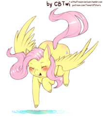 Size: 1530x1800 | Tagged: safe, artist:cold-blooded-twilight, fluttershy, g4, blushing, cute, eyes closed, floating, long hair, ripple, shyabetes, simple background, spread wings, unshorn fetlocks, water, white background, wings