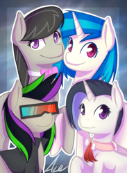 Size: 600x820 | Tagged: safe, artist:acelinjack, dj pon-3, octavia melody, vinyl scratch, oc, oc:nuance harmoney, oc:sawtooth vibe, earth pony, pony, unicorn, icey-verse, g4, bowtie, clothes, family, female, glasses, jacket, leather jacket, lesbian, magical lesbian spawn, mare, mother and daughter, offspring, parent:octavia melody, parent:vinyl scratch, parents:scratchtavia, ship:scratchtavia, shipping, signature, sisters