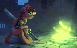 Size: 750x473 | Tagged: safe, artist:rodrigues404, oc, oc only, oc:infernus, pegasus, pony, animated, commission, digital art, female, fire, mare, solo, sword, weapon