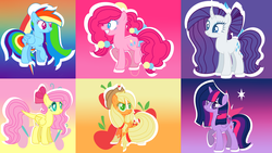 Size: 1024x579 | Tagged: safe, artist:cupcake2424, applejack, fluttershy, pinkie pie, rainbow dash, rarity, twilight sparkle, alicorn, pony, g4, alternate hairstyle, base used, blaze (coat marking), bow, coat markings, colored wings, curved horn, cutie mark background, facial markings, hair bow, horn, leonine tail, mane six, multicolored wings, twilight sparkle (alicorn)