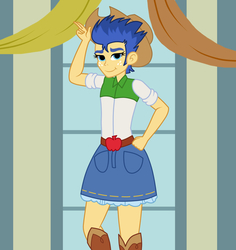 Size: 1700x1800 | Tagged: safe, artist:mashoart, flash sentry, equestria girls, g4, accessory swap, boots, clothes, clothes swap, cowboy boots, cowboy hat, crossdressing, denim skirt, freckles, girly sentry, hat, miniskirt, skirt, smiling, solo, stetson