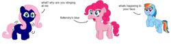 Size: 995x259 | Tagged: safe, artist:theinflater19, fluttershy, pinkie pie, rainbow dash, series:flutterberry, g4, 1000 hours in ms paint, blueberry, engrish, food, imminent inflation, stomach noise