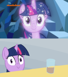 Size: 550x618 | Tagged: safe, artist:furseiseki, screencap, twilight sparkle, pony, g4, my little pony: friendship is magic, what lies beneath, chocolate, chocolate milk, comparison, exploitable meme, female, mare, meme, milk, nickelodeon, pure unfiltered evil, smiling, sparkles, spilled milk, treelight sparkle