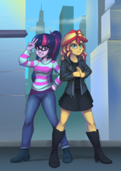 Size: 2480x3508 | Tagged: safe, artist:gabbslines, sci-twi, sunset shimmer, twilight sparkle, equestria girls, g4, casual, city, clothes, fanfic art, female, high res, lesbian, ship:sci-twishimmer, ship:sunsetsparkle, shipping