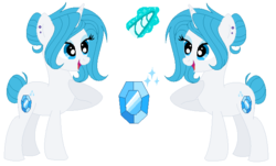 Size: 667x403 | Tagged: safe, artist:nocturna76, oc, oc only, oc:sapphire jubilee, pony, unicorn, icey-verse, bedroom eyes, ear piercing, earring, eyeshadow, female, glowing horn, horn, jewelry, makeup, mare, offspring, parent:fancypants, parent:fleur-de-lis, parents:fancyfleur, piercing, simple background, solo, white background