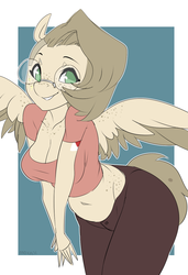 Size: 916x1338 | Tagged: safe, artist:moxaji, oc, oc only, pegasus, anthro, adorasexy, arm boob squeeze, belly, belly button, body freckles, breasts, chest freckles, cleavage, clothes, curvy, cute, female, freckles, glasses, hip freckles, meganekko, midriff, ocbetes, round glasses, sexy, short shirt, solo, wide hips, wing freckles