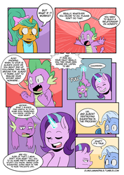 Size: 1280x1810 | Tagged: safe, artist:raph13th, snails, spike, starlight glimmer, trixie, dragon, pony, unicorn, ask glitter shell, comic:glim glam and pals, g4, comic, dialogue, female, glitter shell, glowing horn, horn, magic, male, mare, rule 63, speech bubble, tail, tail pull, telekinesis