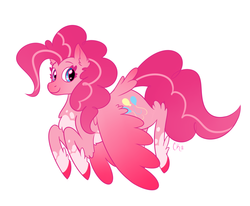 Size: 1363x1123 | Tagged: safe, artist:dippindott, pinkie pie, pegasus, pony, g4, coat markings, cutie mark, dappled, feathered fetlocks, female, flying, g5 concept leak style, g5 concept leaks, mare, pegasus pinkie pie, pinkie pie (g5 concept leak), race swap, redesign, simple background, smiling, socks (coat markings), solo, tail feathers, white background