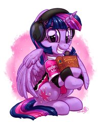 Size: 1600x2000 | Tagged: safe, artist:whitediamonds, twilight sparkle, alicorn, pony, g4, book, clothes, cute, female, headphones, headset, jersey, league of legends, looking at you, mare, shirt, signature, sitting, sketch, smiling, solo, twiabetes, twilight sparkle (alicorn), unicorns of love, wristband