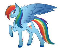 Size: 1961x1636 | Tagged: safe, artist:dippindott, rainbow dash, pegasus, pony, g4, colored fetlocks, cutie mark, feathered fetlocks, female, g5 concept leak style, g5 concept leaks, looking at you, mare, rainbow dash (g5 concept leak), raised hoof, redesign, simple background, smiling, solo, spread wings, white background, wings