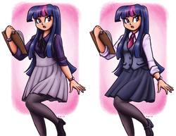 Size: 1700x1310 | Tagged: safe, artist:king-kakapo, part of a set, twilight sparkle, human, g4, boots, bracelet, clipboard, clothes, female, high heels, humanized, jewelry, light skin, mary janes, necktie, open mouth, pantyhose, ribbon, shoes, simple background, skirt, solo, twilight sparkle is not amused, unamused, vest, watch