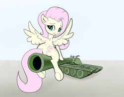 Size: 2738x2152 | Tagged: safe, artist:xbi, fluttershy, pegasus, pony, g4, female, high res, looking at you, solo, spread wings, tank (vehicle), underhoof, wings