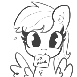 Size: 1280x1280 | Tagged: safe, artist:tjpones, rainbow dash, pegasus, pony, g4, bust, chest fluff, cute, dashabetes, ear fluff, female, grayscale, heart, looking at you, mare, monochrome, mouth hold, positive ponies, simple background, solo, spread wings, white background, wings