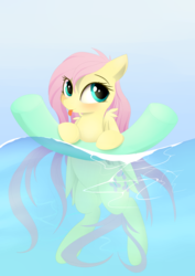 Size: 1024x1447 | Tagged: safe, artist:posionjoke, fluttershy, pegasus, pony, g4, cute, female, mare, pool noodle, shyabetes, smiling, solo, swimming, tongue out, water, wet mane