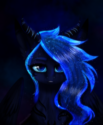 Size: 1280x1549 | Tagged: safe, artist:arcticwhistle, princess luna, pony, g4, blue eyes, female, looking at you, missing horn, solo, wings