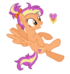 Size: 2262x2376 | Tagged: safe, artist:flipwix, oc, oc only, oc:clementine skies, pegasus, pony, bow, digital art, female, flying, grin, hair bow, high res, magical lesbian spawn, mare, next generation, offspring, parent:amethyst star, parent:spitfire, parents:spitstar, ponytail, simple background, smiling, solo, transparent background