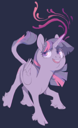 Size: 741x1200 | Tagged: safe, artist:amphoera, twilight sparkle, alicorn, classical unicorn, pony, unicorn, g4, beanbrows, cloven hooves, eyebrows, female, glowing horn, gray background, horn, leonine tail, magic, simple background, smiling, solo, twilight sparkle (alicorn), unshorn fetlocks