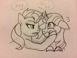 Size: 1024x768 | Tagged: safe, artist:fallenangel5414, sunset shimmer, twilight sparkle, alicorn, pony, g4, female, imminent kissing, lesbian, looking at each other, pencil drawing, ship:sunsetsparkle, shipping, traditional art, twilight sparkle (alicorn)