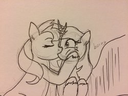 Size: 1024x768 | Tagged: safe, artist:fallenangel5414, sunset shimmer, twilight sparkle, alicorn, pony, g4, eyes closed, female, kissing, lesbian, nervous, pencil drawing, ship:sunsetsparkle, shipping, spread wings, traditional art, twilight sparkle (alicorn), wingboner, wings