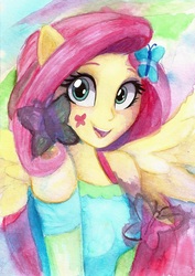 Size: 669x943 | Tagged: safe, artist:astevenamedwolf, fluttershy, butterfly, equestria girls, g4, my little pony equestria girls: better together, female, looking at you, open mouth, ponied up, smiling, solo, traditional art