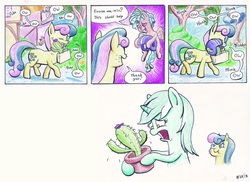 Size: 906x658 | Tagged: safe, artist:lost marbles, bon bon, cozy glow, lyra heartstrings, sweetie drops, earth pony, pegasus, pony, unicorn, g4, marks for effort, bow, cactus, colored pencil drawing, comic, female, filly, hair bow, helmet, mare, mouth hold, pure concentrated unfiltered evil of the utmost potency, tail bow, traditional art