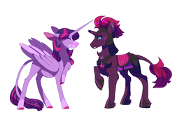 Size: 6000x4000 | Tagged: safe, artist:uunicornicc, fizzlepop berrytwist, tempest shadow, twilight sparkle, alicorn, classical unicorn, pony, unicorn, g4, absurd resolution, armor, broken horn, cloven hooves, colored hooves, dusk guard, eyes closed, horn, leonine tail, looking at each other, preglight sparkle, pregnant, royal guard, simple background, smiling, story in the source, tempest becomes a royal guard, twilight sparkle (alicorn), twilight's royal guard, unshorn fetlocks, white background