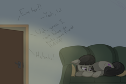 Size: 1920x1280 | Tagged: safe, artist:soctavia, octavia melody, pony, g4, couch, crying, dialogue, female, lying down, mare, offscreen character, sad, solo