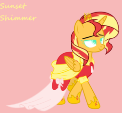 Size: 1024x956 | Tagged: safe, artist:aviateplaque, artist:meimisuki, sunset shimmer, alicorn, pony, g4, alicornified, base used, clothes, dress, female, lidded eyes, mare, pink background, race swap, shimmercorn, simple background, solo, text