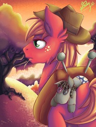 Size: 5400x7200 | Tagged: safe, artist:ebonyinkstone, big macintosh, smarty pants, earth pony, pony, g4, absurd resolution, cowboy hat, freckles, hat, haystick, male, orchard, signature, solo, stetson, toy