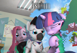 Size: 2358x1642 | Tagged: safe, artist:requimbrony, pinkie pie, twilight sparkle, fanfic:asylum, g4, 3d, fanfic, fanfic art, fanfic cover, pinkamena diane pie, source filmmaker