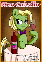Size: 1073x1593 | Tagged: safe, artist:anibaruthecat, oc, oc only, oc:chartreuse, pony, alcohol, bow, glass, solo, wine, wine glass
