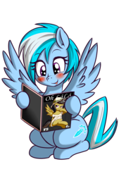 Size: 871x1285 | Tagged: safe, artist:anibaruthecat, daring do, oc, oc:crystal shear, pegasus, pony, semi-anthro, g4, back to the future, blushing, clothes, crossover, female, magazine, mare, simple background, spread wings, transparent background, underhoof, wingboner, wings