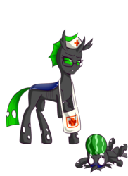 Size: 1194x1639 | Tagged: safe, artist:anibaruthecat, oc, oc only, oc:cleric, oc:emerald, changeling, changeling loves watermelon, changeling oc, choking, duo, food, glasses, green changeling, hat, nurse hat, simple background, transparent background, watermelon