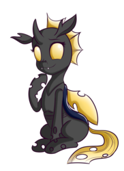 Size: 919x1261 | Tagged: safe, artist:anibaruthecat, oc, oc only, oc:golden cherry, changeling, changeling oc, simple background, smiling, solo, transparent background, yellow changeling