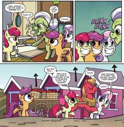 Size: 977x1005 | Tagged: safe, artist:agnesgarbowska, idw, official comic, apple bloom, big macintosh, granny smith, scootaloo, sweetie belle, earth pony, pegasus, pony, unicorn, g4, ponyville mysteries, spoiler:comic, spoiler:comicponyvillemysteries4, apple, cart, comic, cutie mark crusaders, female, filly, food, male, mare, pie, stallion