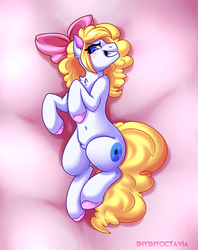 Size: 1587x2000 | Tagged: safe, artist:shyshyoctavia, oc, oc only, oc:treble spirit, earth pony, pony, bed, blonde, blonde hair, body pillow, bow, chest fluff, clothes, commission, digital art, ear fluff, eye clipping through hair, female, freckles, grin, hair bow, looking at you, lying down, mare, shoes, signature, smiling, solo, yellow hair, yellow mane, yellow tail
