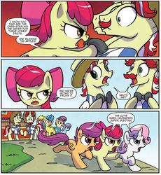 Size: 1053x1143 | Tagged: safe, artist:agnesgarbowska, idw, official comic, apple bloom, candy mane, cherry berry, flam, flim, lemon hearts, scootaloo, sweetie belle, earth pony, pegasus, pony, unicorn, g4, ponyville mysteries, spoiler:comic, spoiler:comicponyvillemysteries4, comic, cutie mark crusaders, female, filly, flim flam brothers, male, stallion, unnamed character, unnamed pony