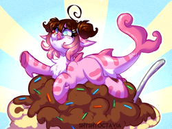 Size: 4000x3000 | Tagged: safe, artist:shyshyoctavia, oc, oc only, original species, pony, shark pony, abstract background, cherry, chest fluff, chocolate, digital art, female, food, hairband, high res, ice cream, mare, signature, solo, spoon, sprinkles, sunburst background, tiger shark pony, tongue out