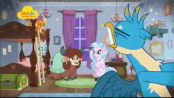 Size: 512x288 | Tagged: safe, screencap, gallus, ocellus, silverstream, smolder, yona, changedling, changeling, classical hippogriff, dragon, griffon, hippogriff, pony, yak, g4, school raze, animated, bow, bunk bed, cloven hooves, colored hooves, dormitory, dragoness, female, gif, griffon teeth, hair bow, jewelry, logo, loop, male, monkey swings, necklace, nick jr., nickelodeon, struggling, teeth, window