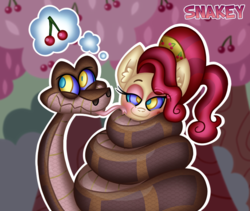 Size: 908x768 | Tagged: safe, artist:snakeythingy, cherry jubilee, python, snake, g4, blushing, cherry orchard, coils, crossover, kaa, kaa eyes, licking, massage, mind control, peril, story included, the jungle book, tongue out