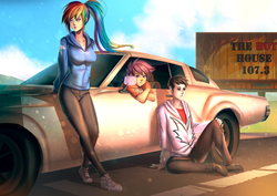 Size: 1400x990 | Tagged: safe, artist:bakki, rainbow dash, scootaloo, oc, oc:pure spirit, human, g4, billboard, car, clothes, commission, crossed arms, hoodie, humanized, pants, shoes, vehicle