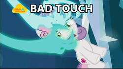 Size: 1024x576 | Tagged: safe, edit, edited screencap, screencap, sweetie belle, pony, unicorn, g4, school raze, bad touch, caption, d:, female, filly, frown, grabbing, hand, image macro, logo, meme, nick jr., nickelodeon, open mouth, out of context, scared, solo, wide eyes